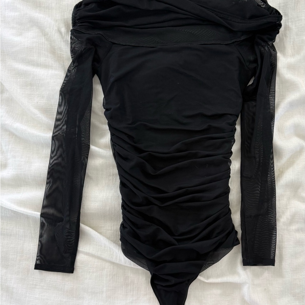 Abercrombie & Fitch Black Off the Shoulder Ruched Mesh Long Sleeve Bodysuit